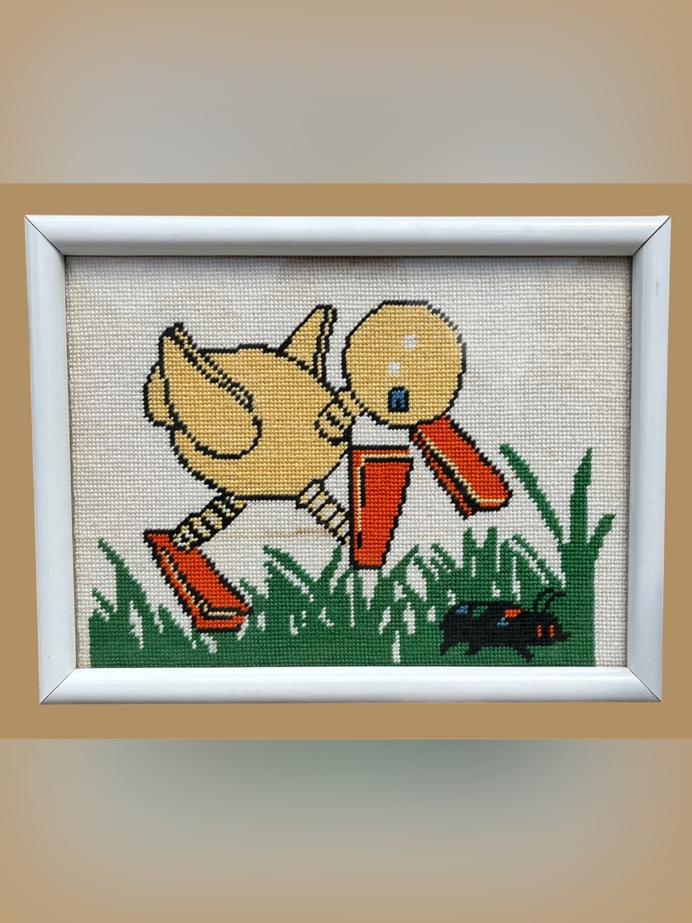 Cross-Stitch Art Framed Kawaii Robot Chick in Grass - Yellow & Orange
